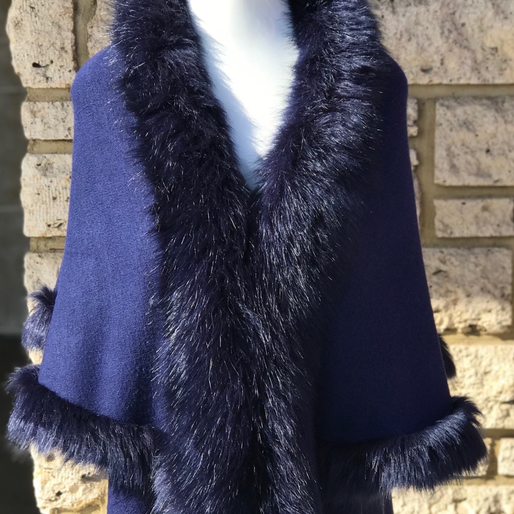 New Version! Fluffy Navy Blue double layer Faux Fur CAPE Coat - Picture 4 of 10